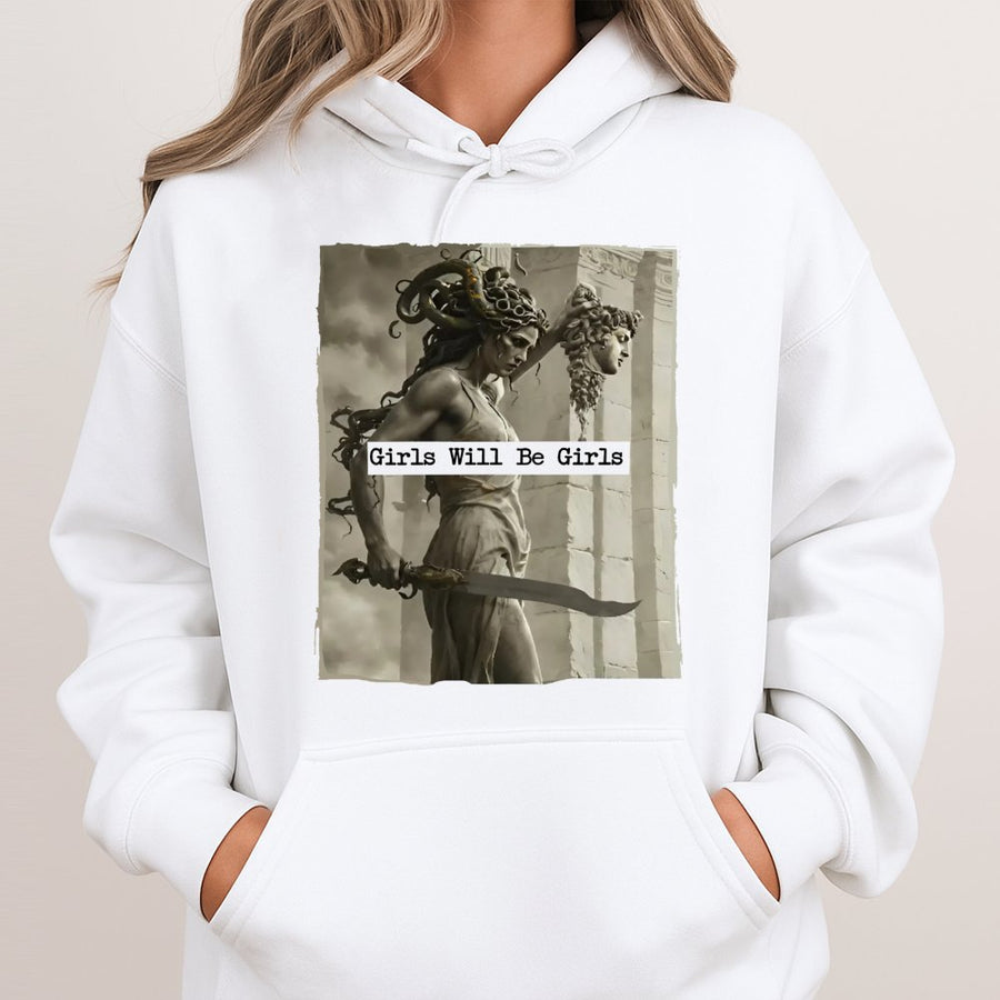 Medusa Hoodie | Girls Will Be Girls Feminist Graphic Art | Cotton-Blend Premium Pullover | Mythological Greek Aesthetic Gift For Her