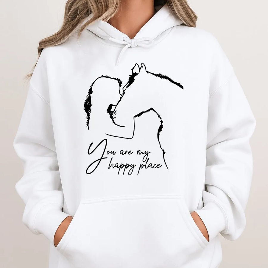 Horse Lover Hoodie | You Are My Happy Place Equestrian Design | Premium Cotton Blend | Gift for Horse Girls and Equestrian Riders