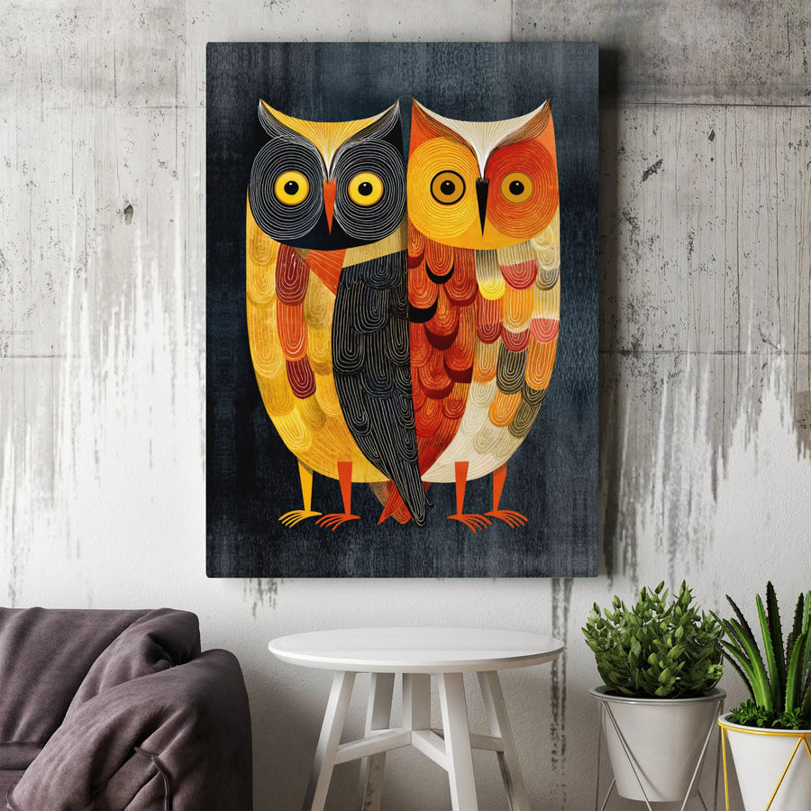 Owl Couple Canvas Wall Art | Mid Century Modern Folk Art Print | Premium 1.25" Gallery Wrap | Nature Lover Home Decor Gift