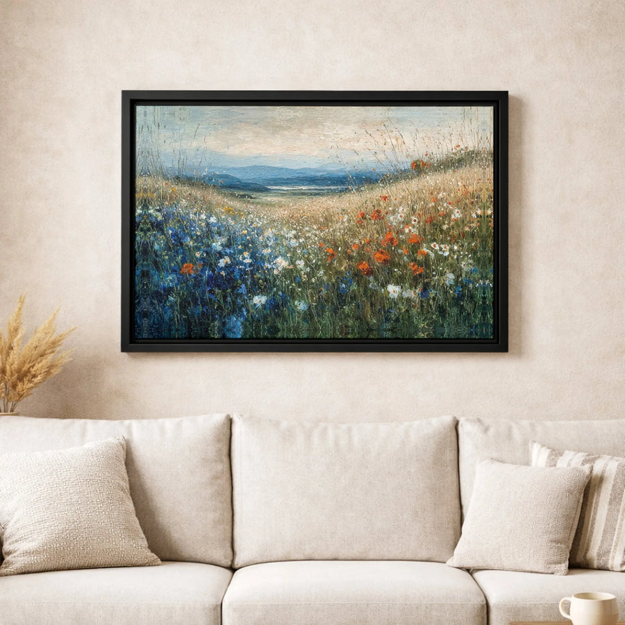 Wildflower Meadow Landscape Canvas Wall Art | Impressionist Mountain Field Print | Gallery Quality Premium Canvas | Nature Decor Gift for Home