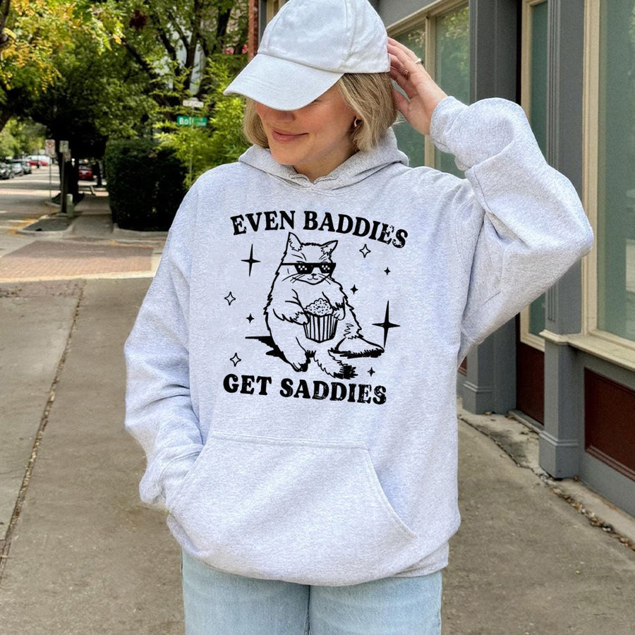 Even Baddies Get Saddies Hoodie | Cool Cat Eating Popcorn Graphic | Soft Cotton-Blend Aesthetic Pullover | Funny Trendy Gift for Cat Lovers