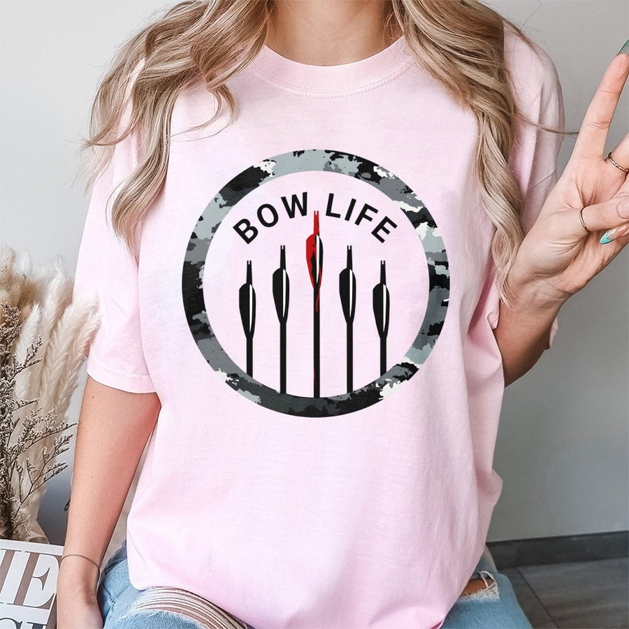 Bow Life Archery T-Shirt | Camo Arrow Target Graphic | Premium 100% Cotton | Gift for Bow Hunters and Outdoor Enthusiasts
