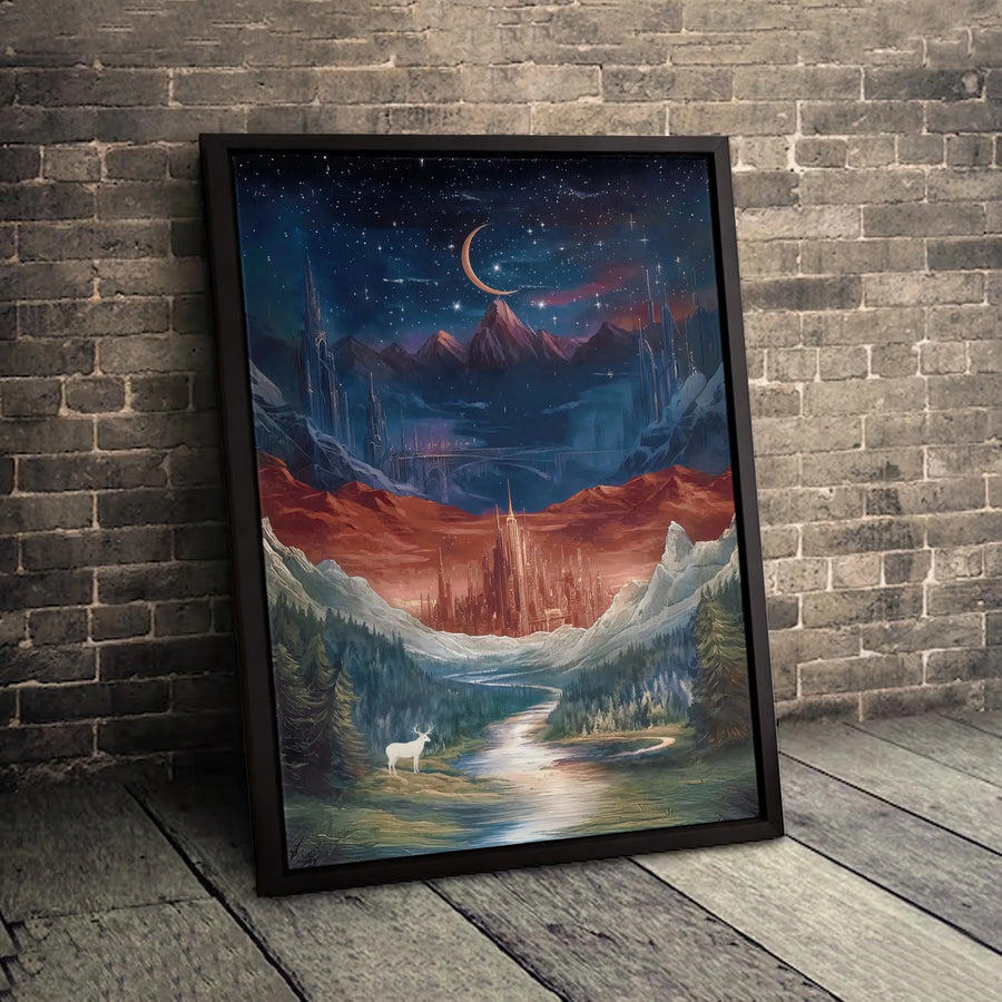 Fantasy Landscape Canvas Wall Art | Whimsical White Stag & Celestial Castle | 1.25" Premium Gallery Wrapped | Magical Home Decor Gift for Fantasy Fans