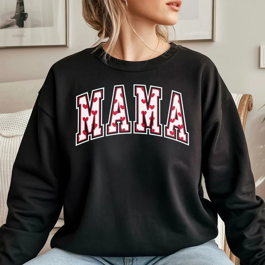 Mama Varsity Sweatshirt | Heart Pattern Text Design | Premium Cotton Blend | Valentine's Day Gift For Mom