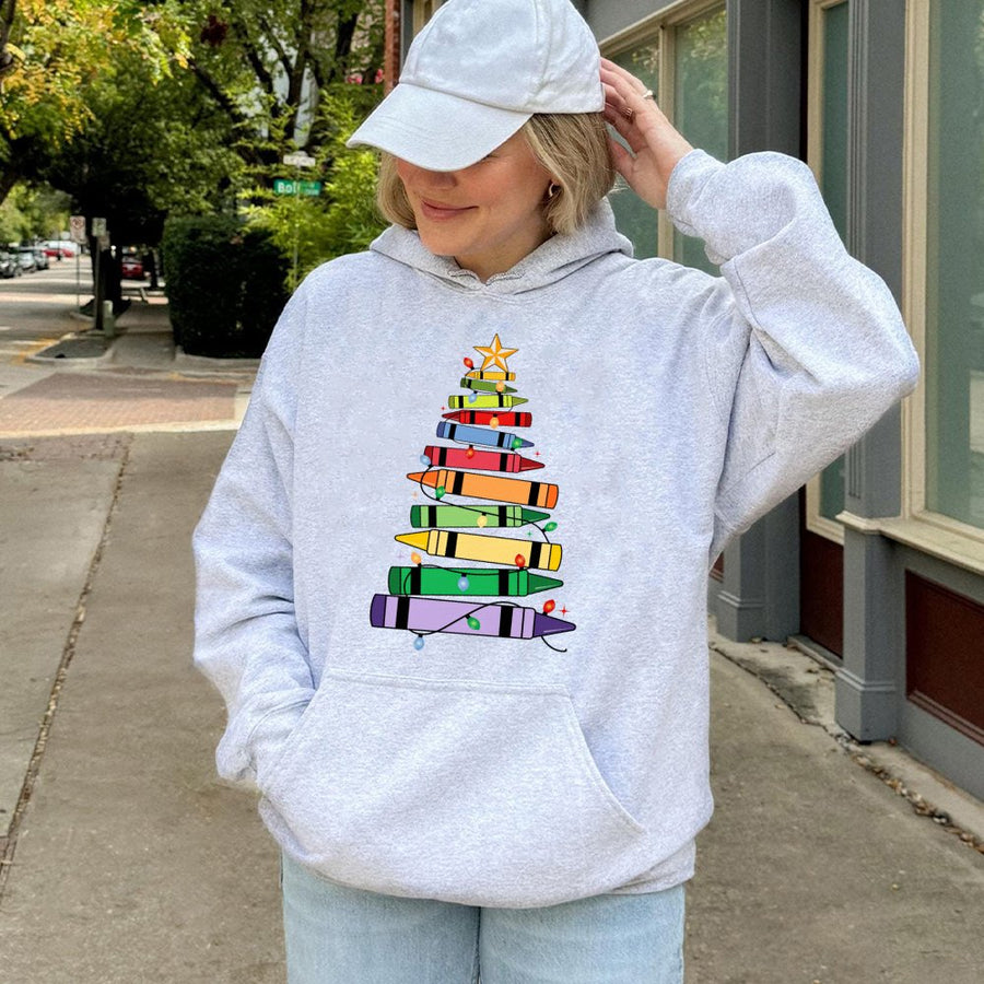Christmas Crayon Tree Hoodie | Teacher Holiday Graphic Sweatshirt | Cotton-Polyester Blend | Festive School Staff Gift for Teachers