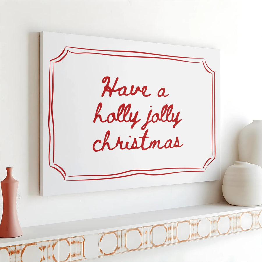 Holly Jolly Christmas Canvas Wall Art | Red Cursive Holiday Quote Sign | 1.25-Inch Thick Gallery Wrap | Festive Seasonal Home Decor Gift