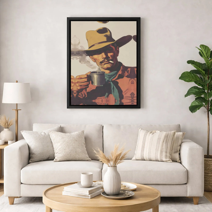Vintage Cowboy Canvas Wall Art | Smoking Gunslinger Drinking Coffee Portrait | Premium Fade-Resistant Gallery Wrap | Western Home Decor Gift
