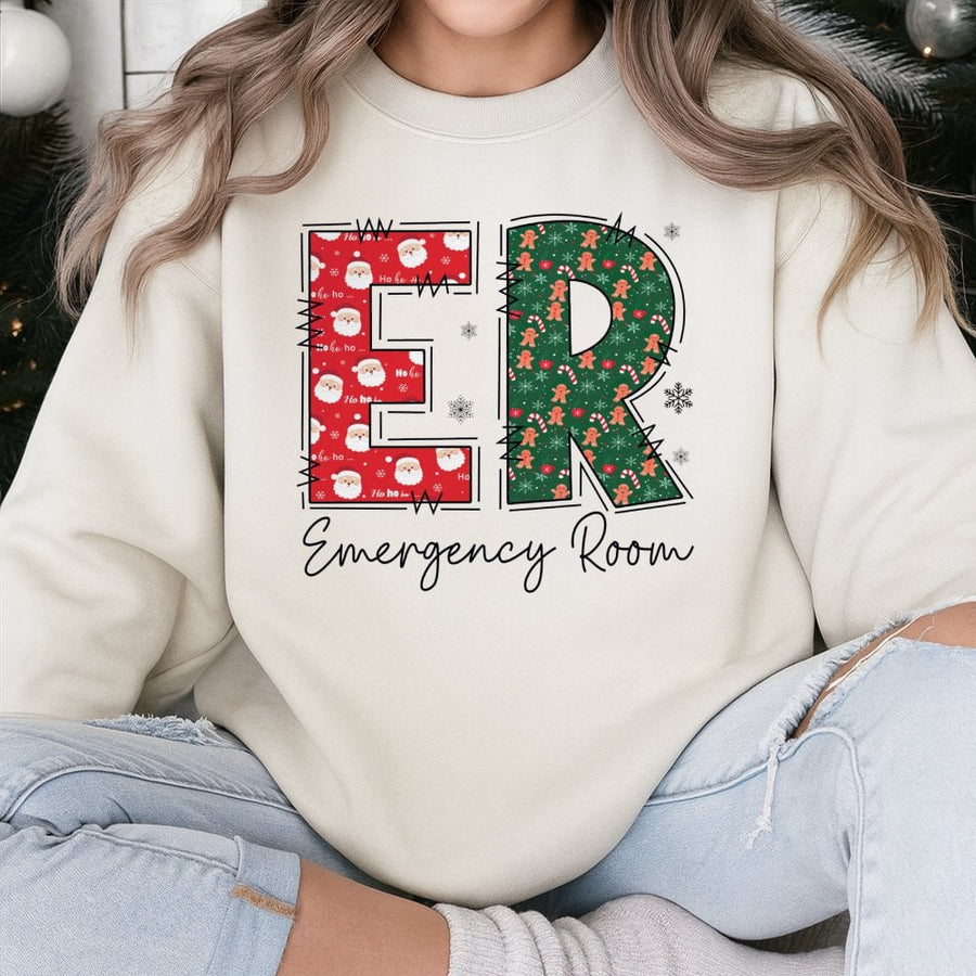 ER Nurse Christmas Sweatshirt | Emergency Room Festive Graphic | Cotton Polyester Blend | Holiday Gift For Nurses, Doctors, And Medical Staff