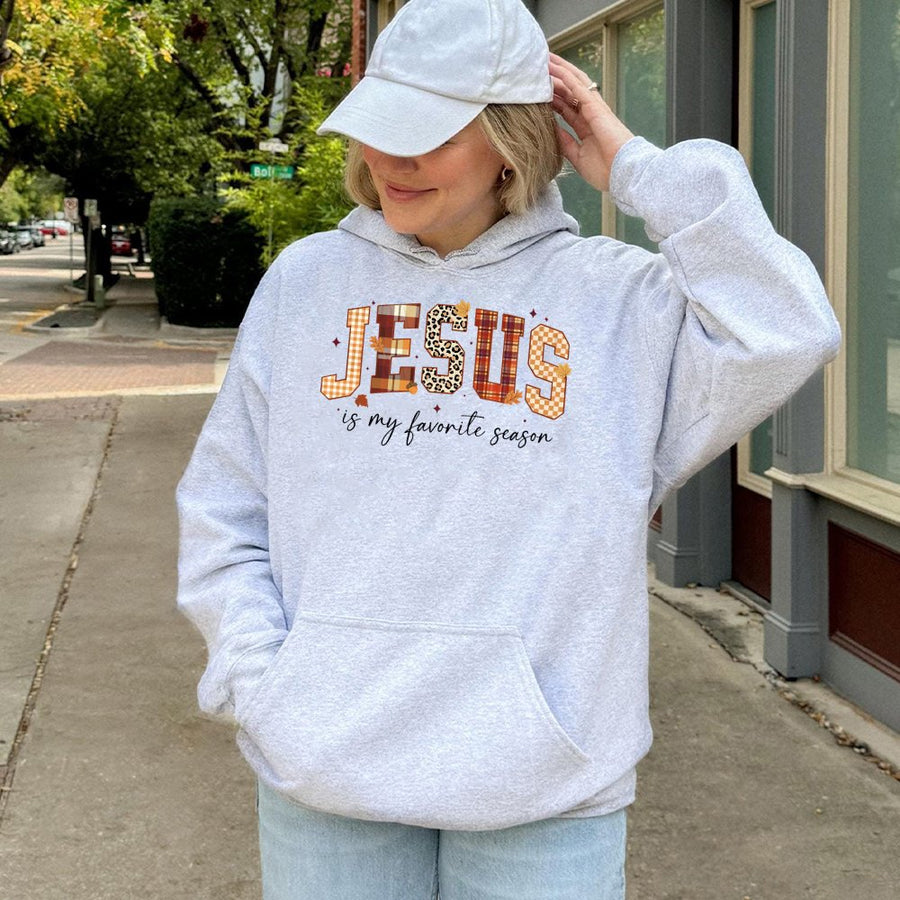 Jesus Is My Favorite Season Hoodie | Fall Plaid Leopard Print Graphic | Premium Soft Cotton-Polyester Blend | Christian Faith Gift for Women and Men