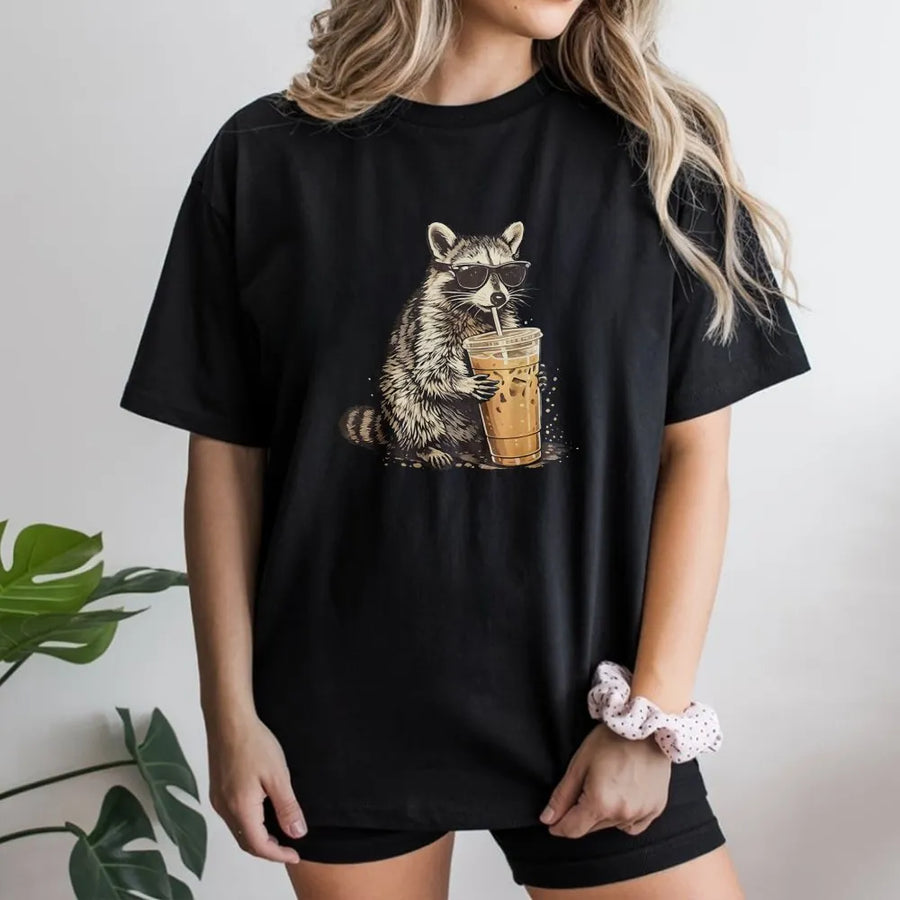 Raccoon Iced Coffee T-Shirt | Cool Raccoon with Sunglasses | Premium Soft Cotton Blend | Funny Animal Graphic Gift for Coffee Lover