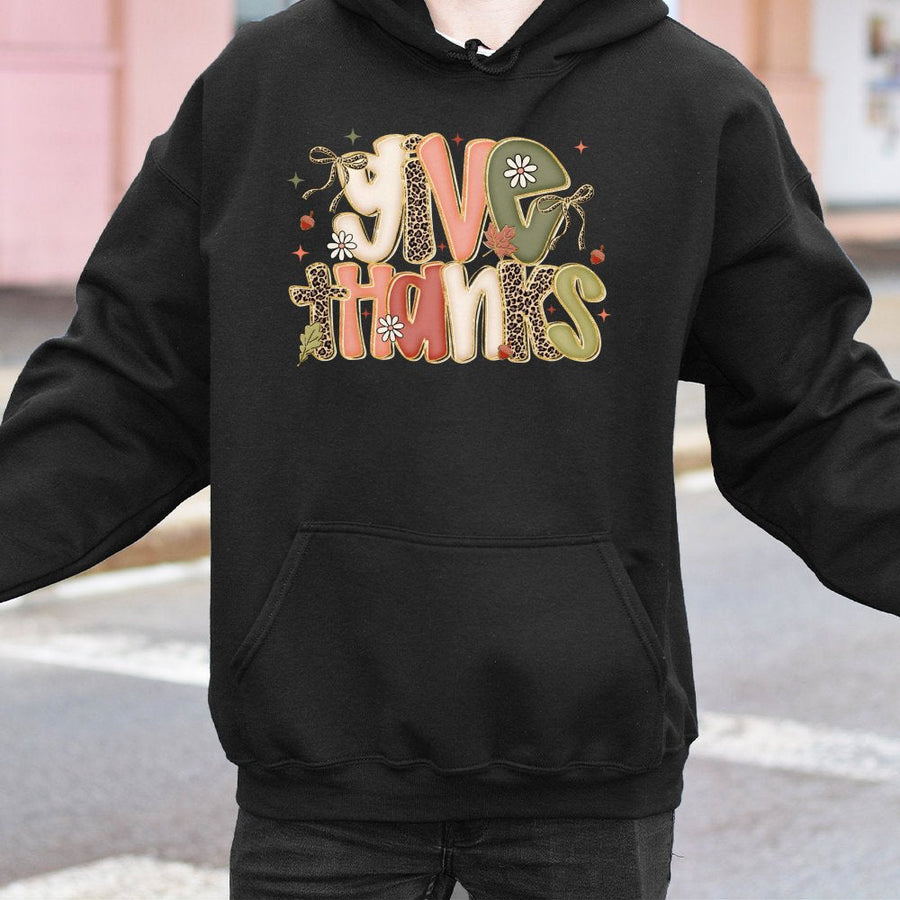 Give Thanks Thanksgiving Hoodie | Preppy Leopard Print Coquette Bow Design | Soft Cotton-Polyester Blend | Trendy Fall Autumn Gift For Women