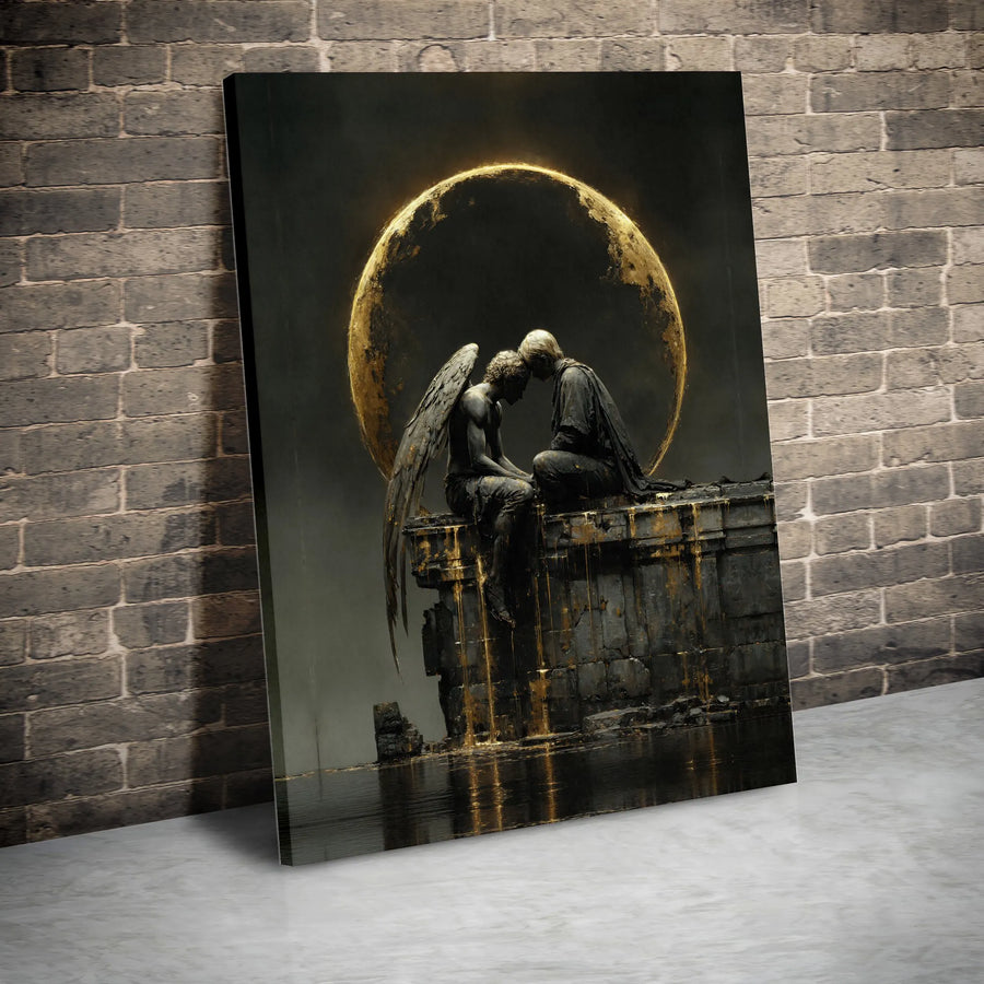 Fallen Angel Canvas Wall Art | Moody Gothic Fantasy Print with Golden Moon | Premium Framed Canvas | Dark Academia Home Decor Collector's Gift