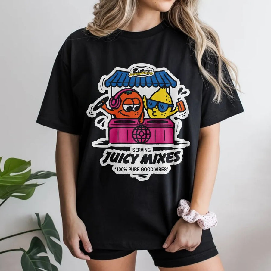 Juicy Mixes DJ Fruit Graphic T-Shirt | Funny Rave Music Retro Design | Premium Cotton Apparel | Unique Gift For Music Lovers And EDM Fans