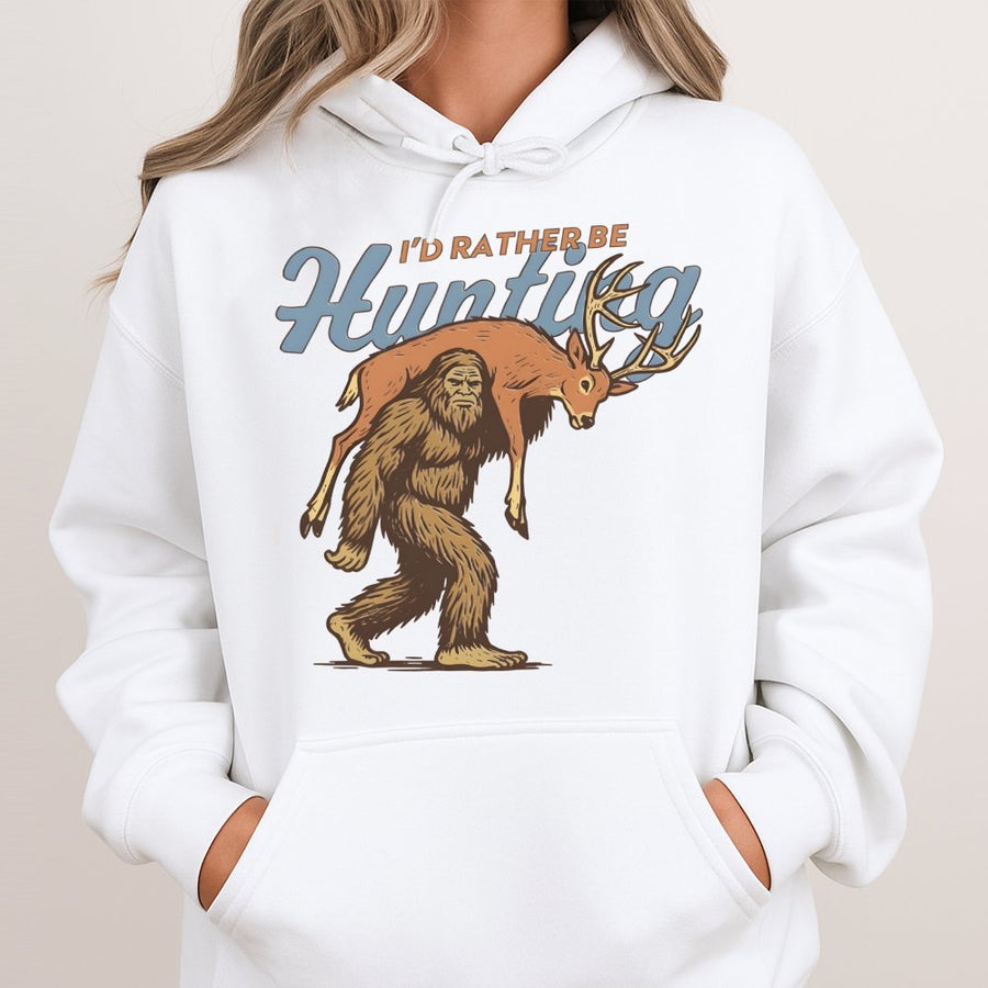 Bigfoot Hunting Hoodie | Sasquatch Carrying Deer Graphic | Premium Cotton Blend | Funny Outdoorsman Gift for Hunter