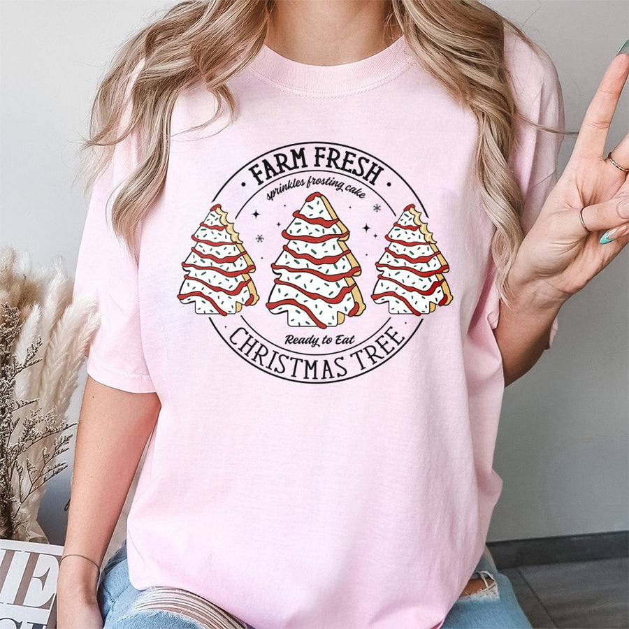 Farm Fresh Christmas Tree Cakes T-Shirt | Retro Snack Graphic Tee | Premium 100% Cotton | Cute Holiday Baking Gift for Women and Men