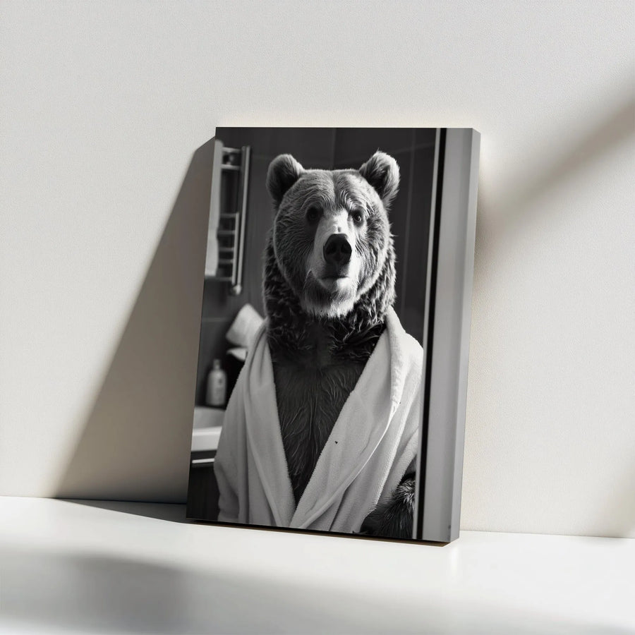 Bear in Bathrobe Vertical Canvas | Quirky Black and White Animal Photography | Premium Thick Gallery Wrap | Funny Bathroom Wall Art & Unique Housewarming Gift