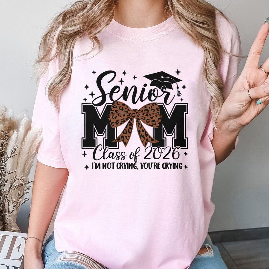 Senior Mom 2026 T-Shirt | Leopard Bow Graduation Graphic | 100% Cotton Premium Tee | Proud Mama Gift Class of 2026