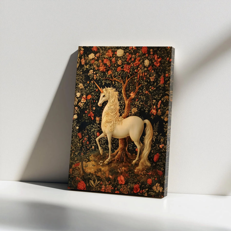 Unicorn Canvas Wall Art | Medieval Floral Tapestry Style Print | Premium Gallery Wrap Decor | Fantasy Home Office Gift