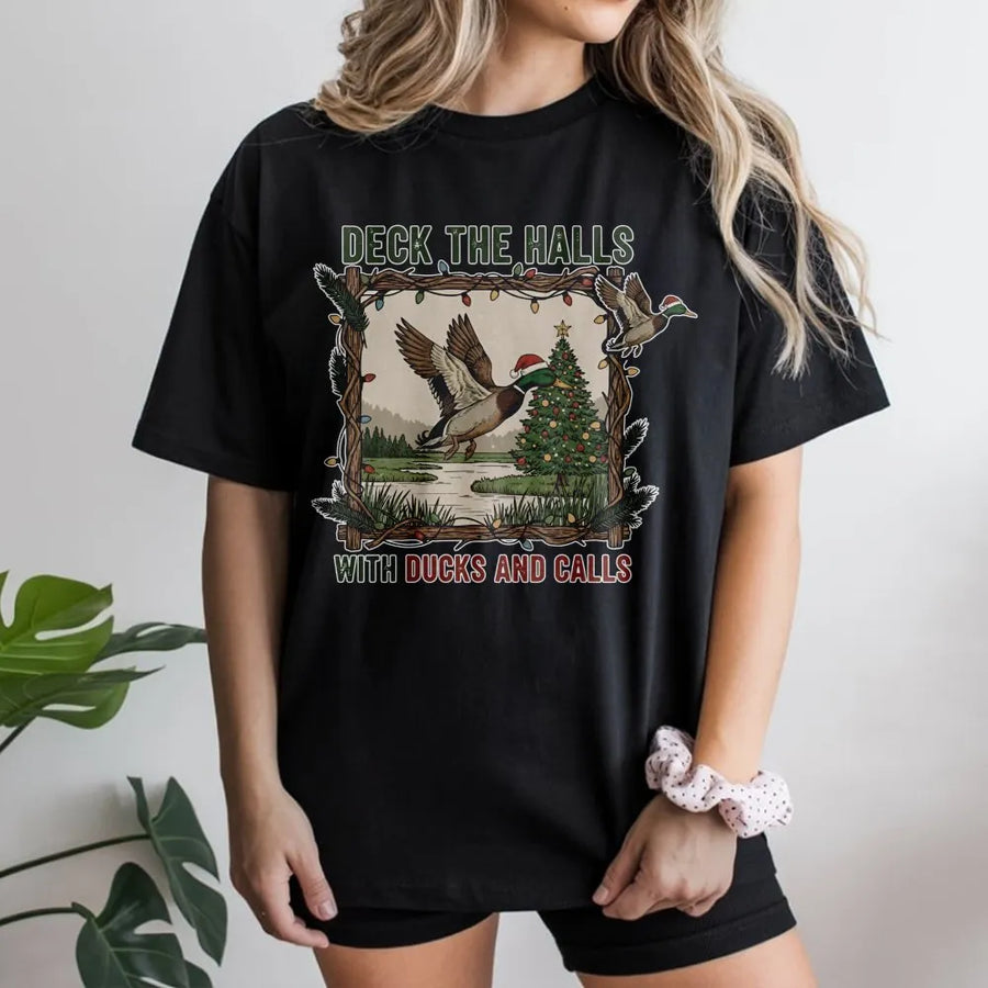 Duck Hunting Christmas T-Shirt | Deck The Halls With Ducks And Calls Graphic | Premium Cotton Unisex Tee | Funny Hunter Holiday Gift For Him