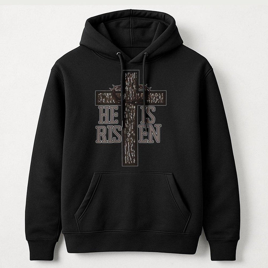He Is Risen Hoodie | Camo Cross Graphic Religious Apparel | Soft Cotton-Blend Premium Sweatshirt | Easter Christian Gift For Men And Women