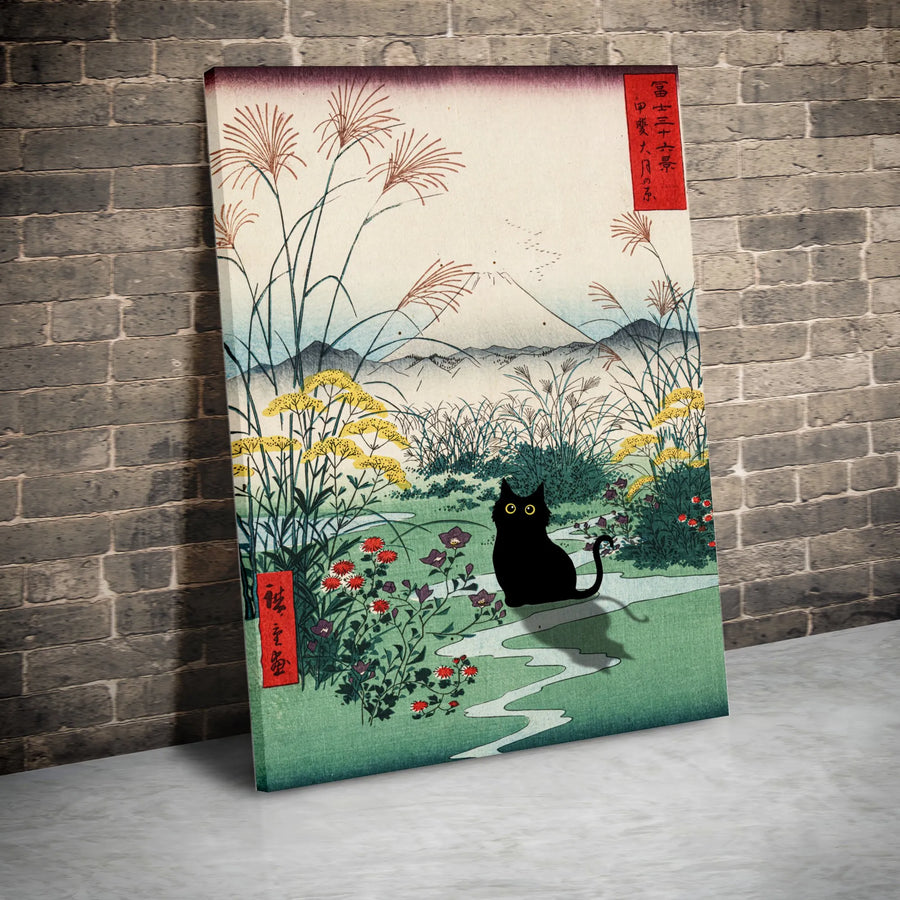 Japanese Black Cat Canvas Wall Art | Vintage Ukiyo-e Woodblock Style Print with Mt Fuji | Premium Thick Gallery Canvas | Collector's Gift for Cat Lovers