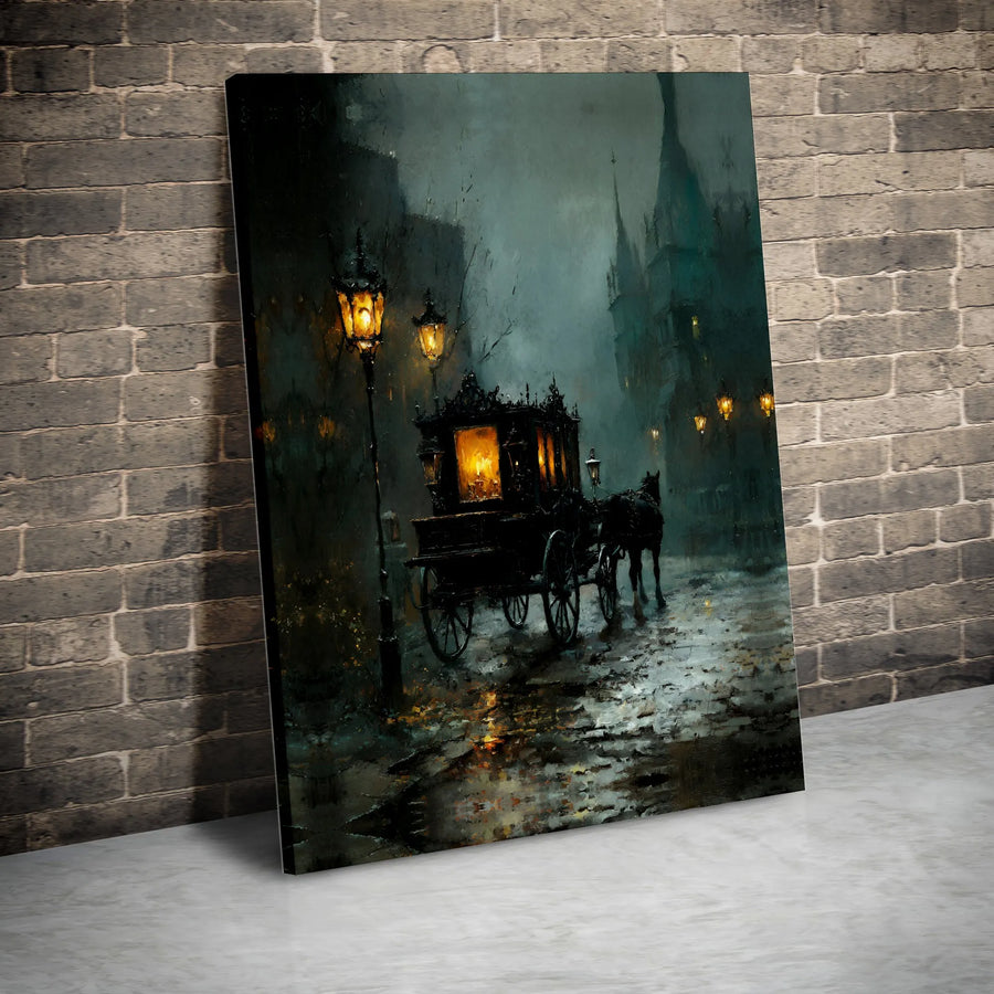 Gothic Horse Carriage Wall Art | Moody Victorian Street Canvas Print | Premium Gallery Wrapped Decor | Dark Academia Gift for Home Office