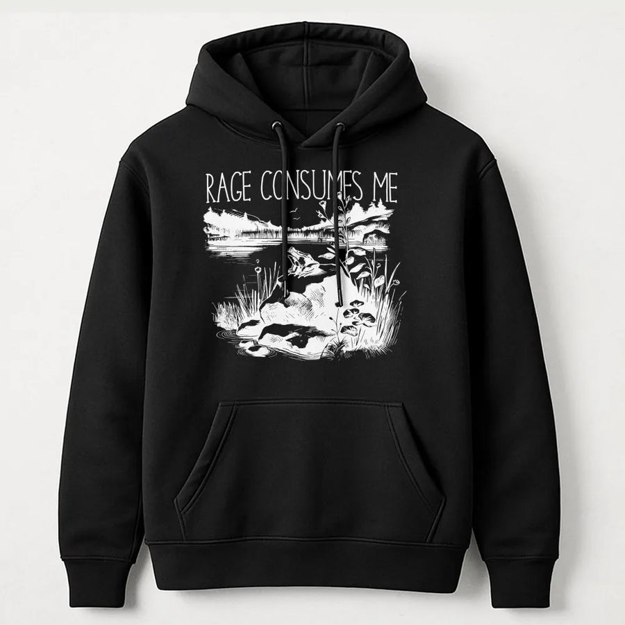 Rage Consumes Me Frog Hoodie | Funny Retro Nature Meme Graphic | Premium Unisex Pullover | Sarcastic Gift for Gen Z Men Women