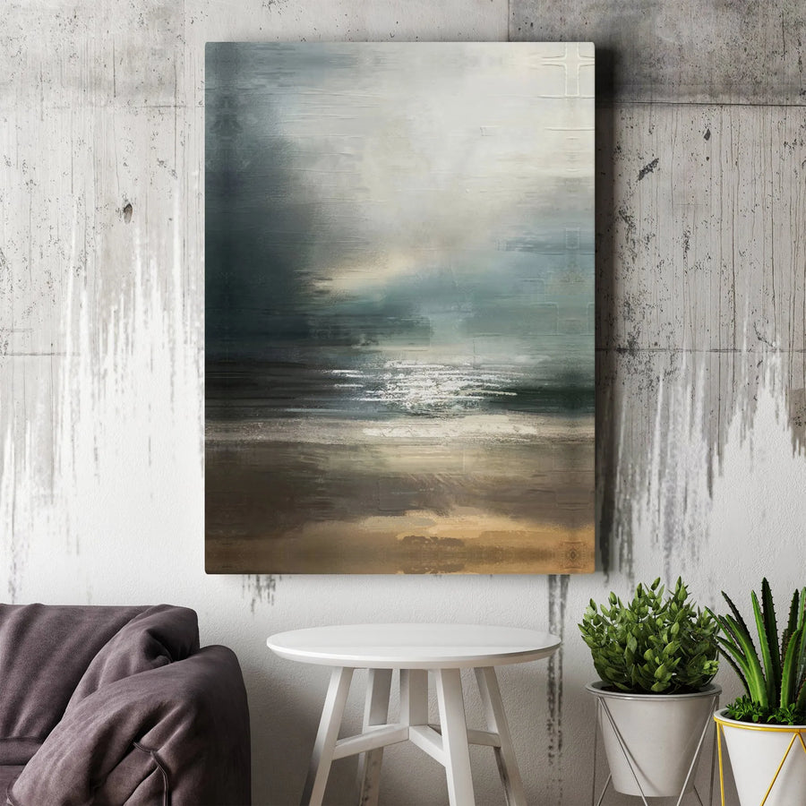 Abstract Seascape Canvas Wall Art | Moody Blue and Brown Coastal Landscape | Gallery-Quality Fade-Resistant Print | Modern Home Office Decor