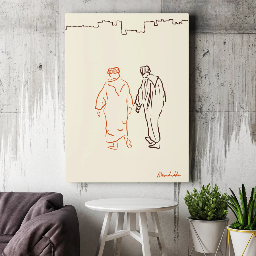 Minimalist Couple Line Art Canvas | City Skyline Sketch Portrait | Gallery-Wrapped Premium Print | Romantic Modern Home Decor Gift