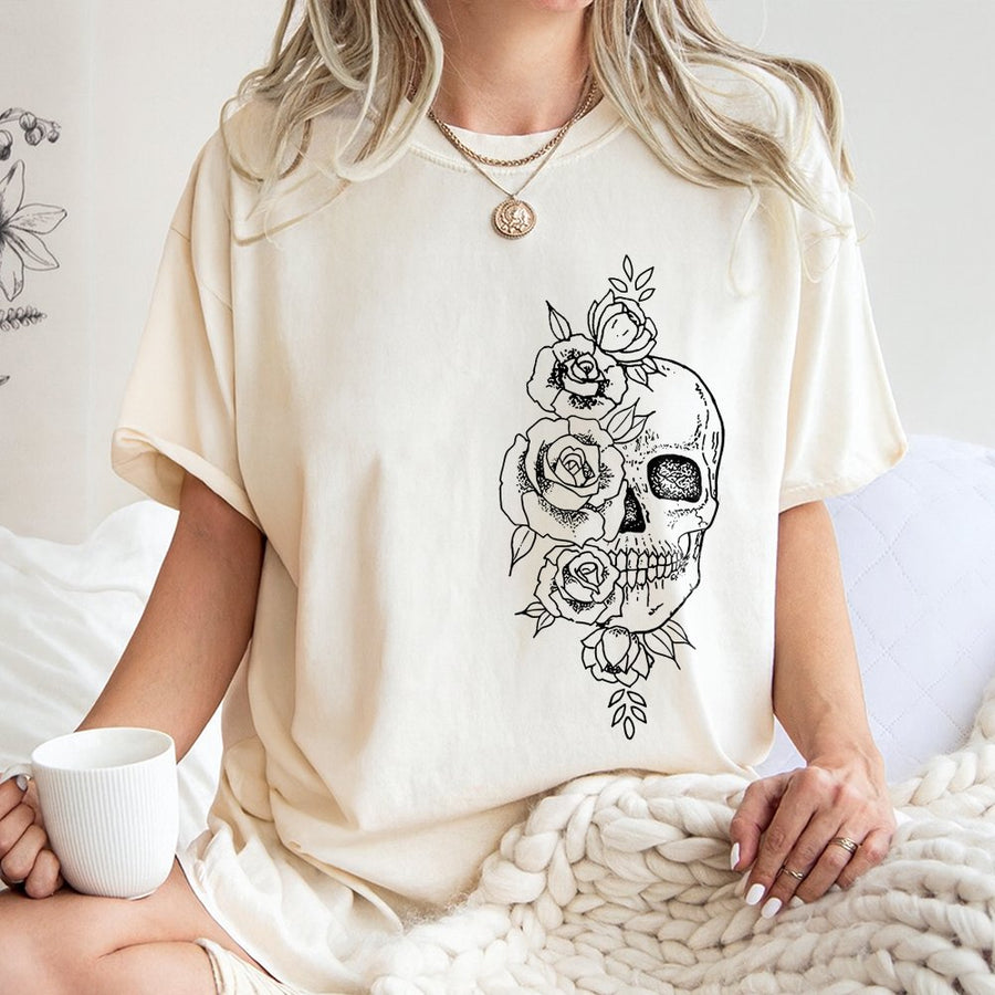 Skull and Rose T-Shirt | Gothic Floral Graphic Design | 100% Cotton Premium Tee | Edgy Aesthetic Gift for Her