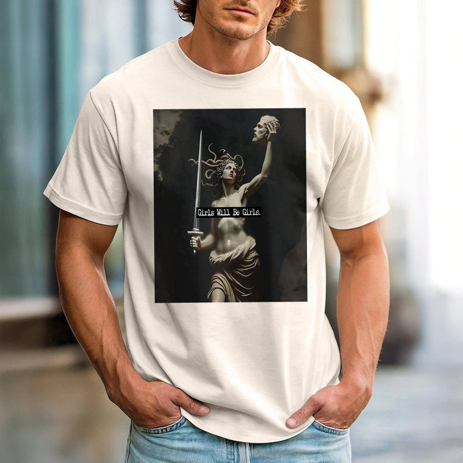 Medusa Graphic T-Shirt | Girls Will Be Girls Feminist Art | Premium 100% Cotton Tee | Gift for Mythology Lovers and Greek Goddess Fans