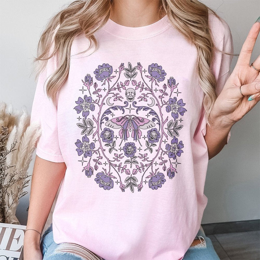Gothic Moth T-Shirt | Pastel Goth Floral Skull Graphic | Premium Soft Cotton | Dark Academia Gift for Alt Style Lovers