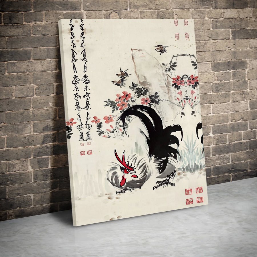 Chinese Rooster Ink Wash Painting | Traditional Asian Floral Calligraphy Art | Premium Gallery-Wrapped Canvas | Zen Home Office Wall Decor