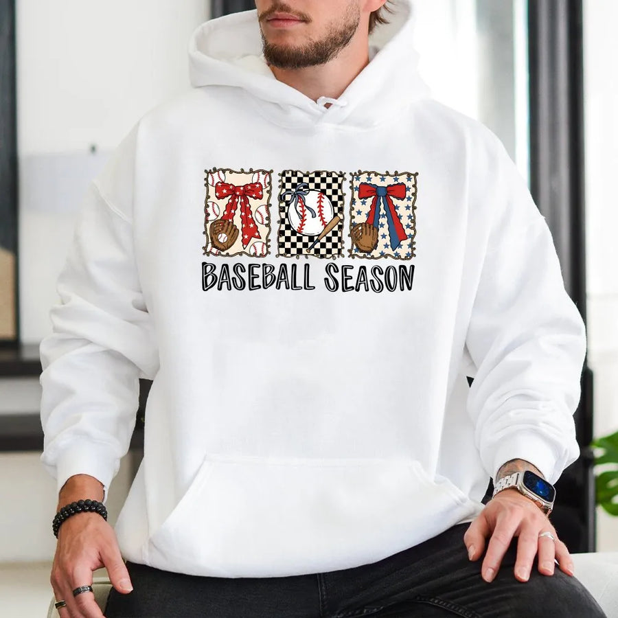 Baseball Season Hoodie | Retro Patriotic Bow Graphic Pullover | Soft Cotton Blend | Game Day Apparel Gift for Softball Mom