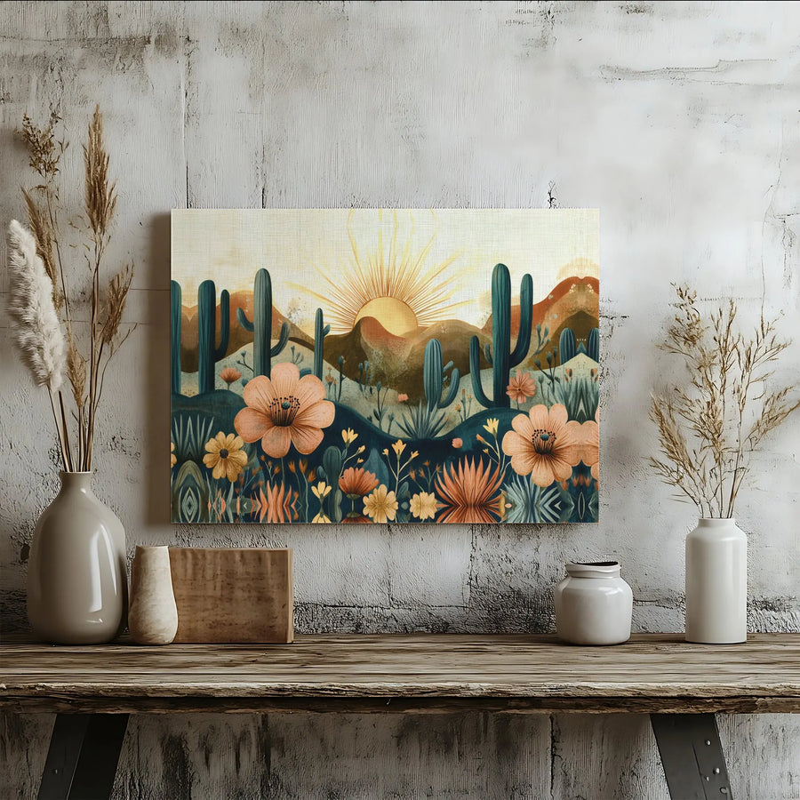 Bohemian Desert Landscape Canvas | Boho Sun and Cacti Wall Art | Premium 1.25-Inch Gallery Wrap | Southwestern Home Decor Gift
