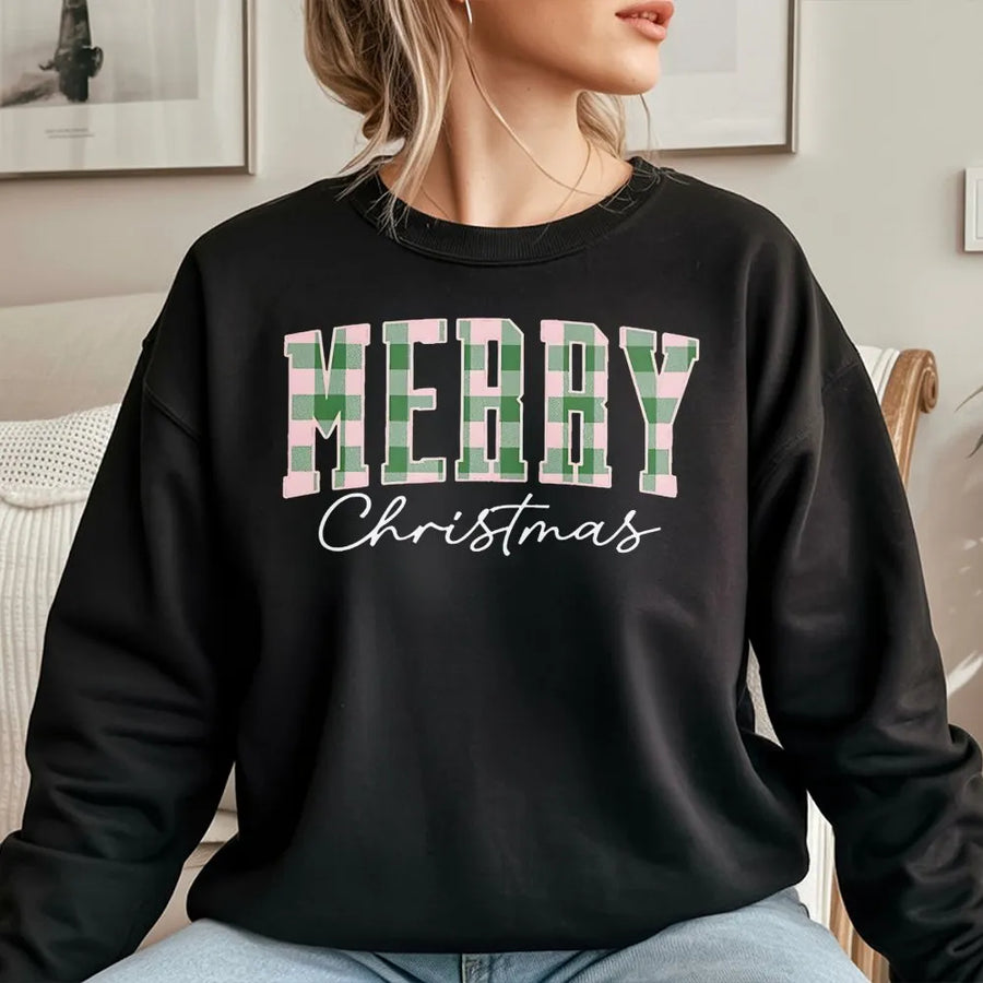 Merry Christmas Sweatshirt | Green Buffalo Plaid Lettering | Premium Cotton Blend | Retro Holiday Gift for Women and Family
