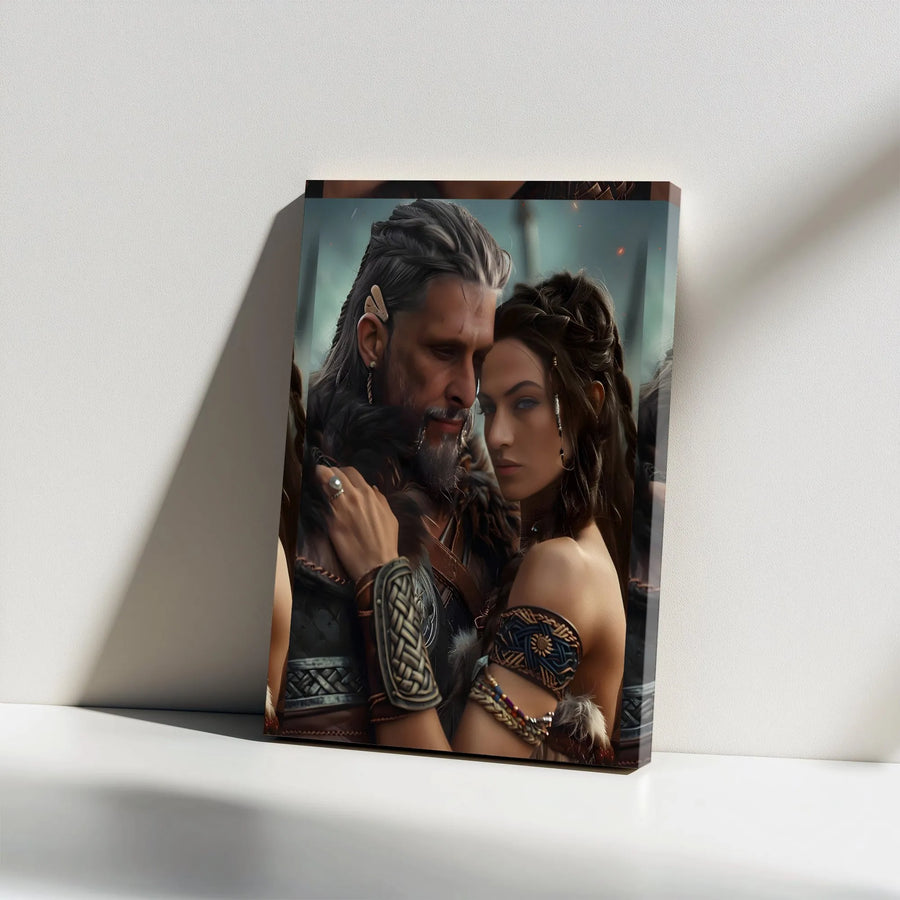 Viking Warrior Couple Canvas Wall Art | Romantic Fantasy Portrait | Premium Gallery-Wrapped Print | Gift For Nordic Mythology Fans