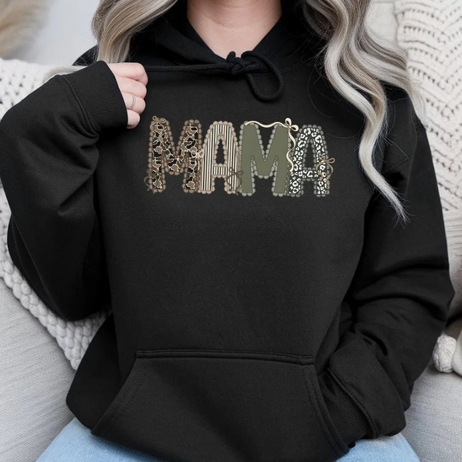 Mama Camo Hoodie | Mixed Pattern Leopard Print & Bow Detail | Premium Cotton-Blend Sweatshirt | Gift for Country Mom