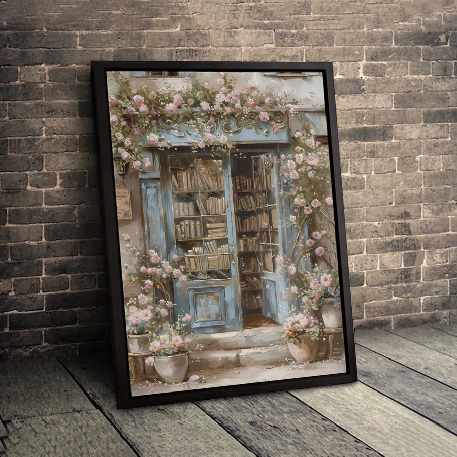 Vintage Bookstore Canvas Print | Floral Blue Door Library Art | Gallery Wrapped Premium Quality | Romantic Cottagecore Home Decor Gift