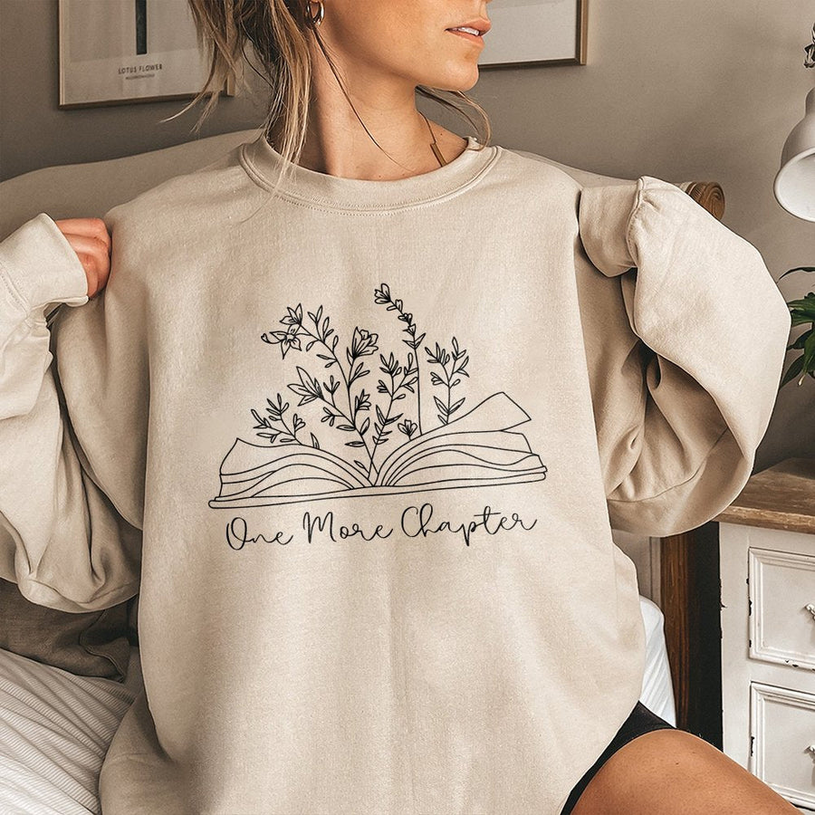 One More Chapter Book Lover Sweatshirt | Botanical Reading Design | Premium Cotton Blend | Gift For Librarian Bookworm Reader