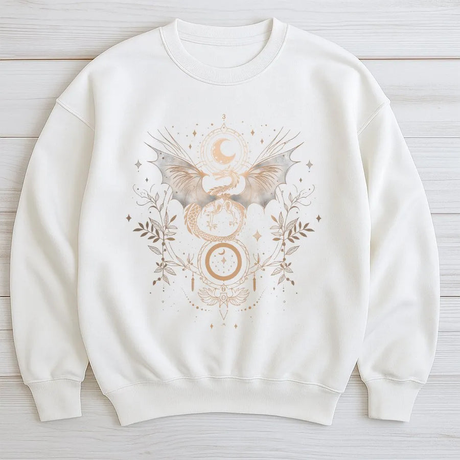 Celestial Dragon Sweatshirt | Witchy Boho Dragon Wings & Floral Moon Phase Graphic | Soft Breathable Cotton | Gift for Witches & Goth Style Fans