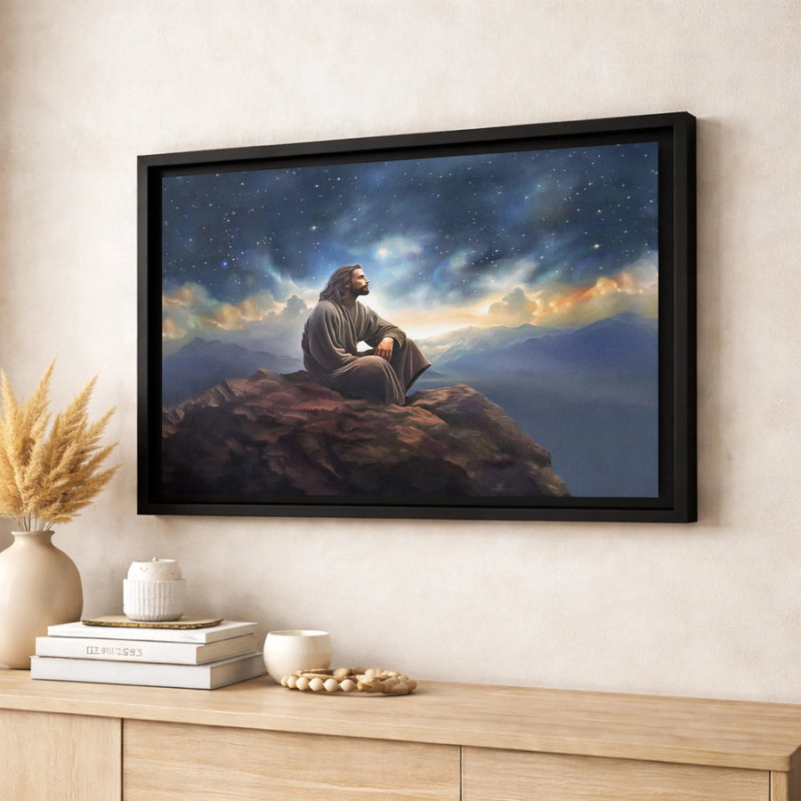 Jesus on Mountain Canvas Print | Serene Starry Sky Landscape Art | Premium Gallery-Wrapped Decor | Christian Wall Art Gift for Home or Church