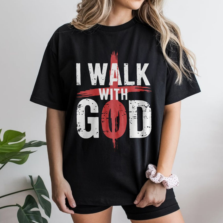 I Walk With God T-Shirt | Distressed Cross Religious Graphic Design | Premium 100% Cotton Tee | Meaningful Faith Gift for Men and Women