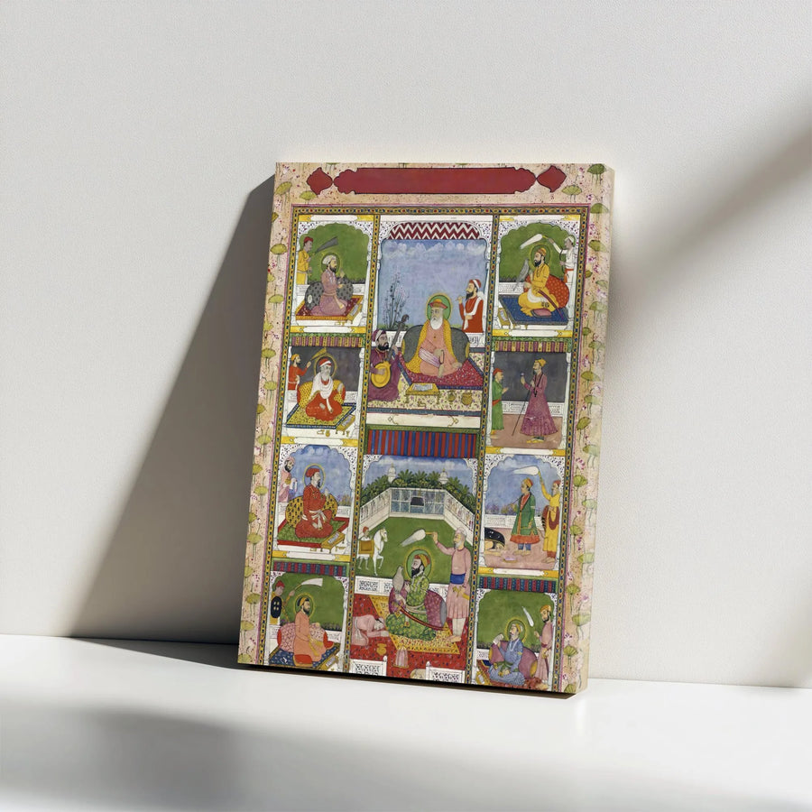 Ten Sikh Gurus Canvas Art | Traditional Janamsakhi Miniature Painting | Premium Gallery Wrap Decor | Spiritual Wall Art Gift