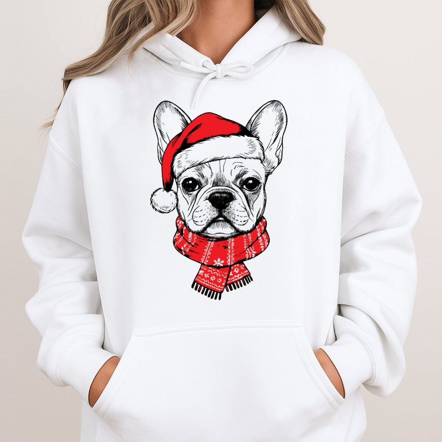 French Bulldog Christmas Hoodie | Cute Santa Hat Frenchie Graphic | Premium Cotton Blend | Funny Dog Lover Holiday Gift