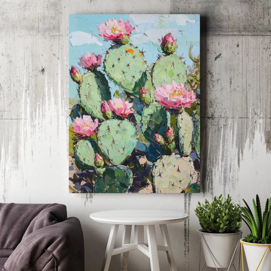Prickly Pear Cactus Wall Art | Impasto Floral Oil Painting Print | Gallery Wrapped 1.25" Canvas | Southwestern Desert Home Decor Gift