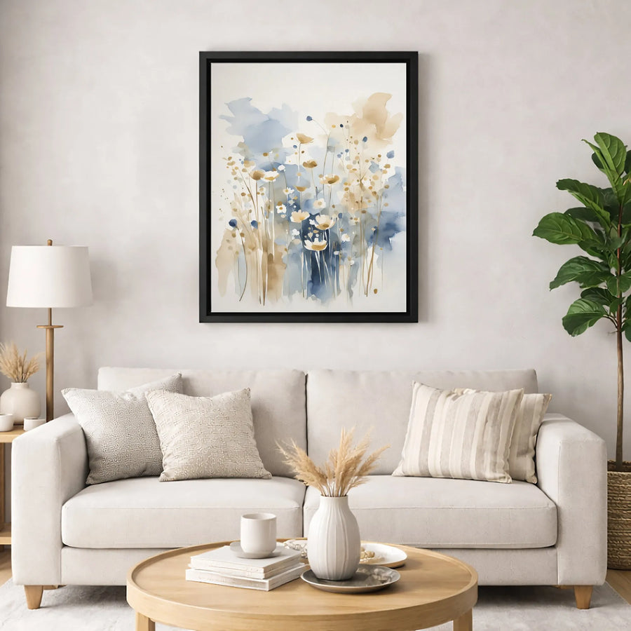 Abstract Watercolor Wildflower Canvas Wall Art | Neutral Blue and Beige Floral Botanical Print | Premium Gallery-Wrapped Decor | Modern Home Office Gift