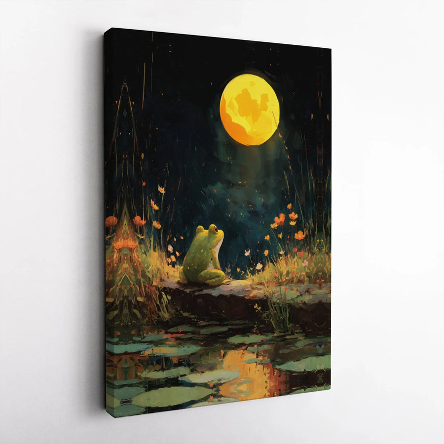 Frog Wall Art | Full Moon Lily Pond Landscape Canvas | Gallery-Wrapped Premium Print | Cottagecore Nature Decor for Living Room