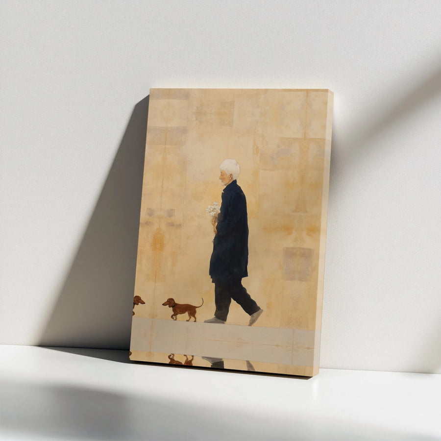 Dachshund Wall Art Canvas Print | Vintage Painting of Elderly Man Walking Sausage Dog | Premium Gallery Wrapped Canvas | Gift for Dog Lover Home Decor