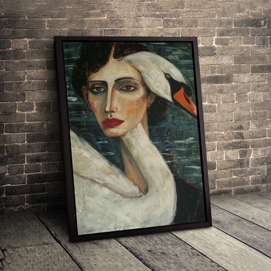 Woman And White Swan Canvas Art | Moody Surrealist Portrait Painting | Premium Gallery Wrap Print | Elegant Home Decor Gift For Her